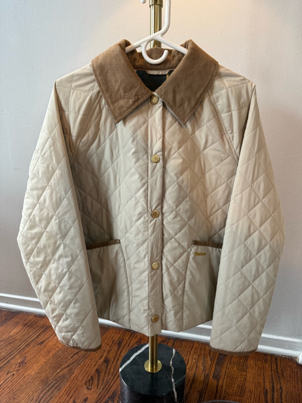 Barbour Cream Quilted Jacket with Brown Corduroy Collar